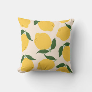 Juicy yellow Lemons, green leaves. Fresh tasty fru Throw Pillow