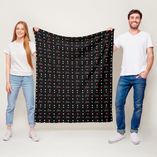 Julia repeating custom name with hearts black fleece blanket (In Situ)