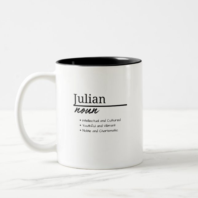 Julian, Boy Personalized Name Definition Two-Tone Coffee Mug (Left)