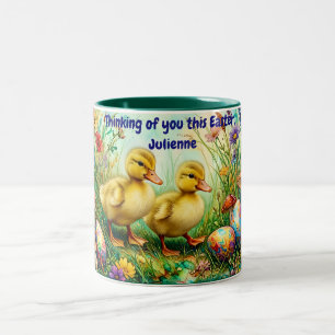 ~ JULIENNE ~EASTER ~Thinking of you Ducklings Eggs Two-Tone Coffee Mug