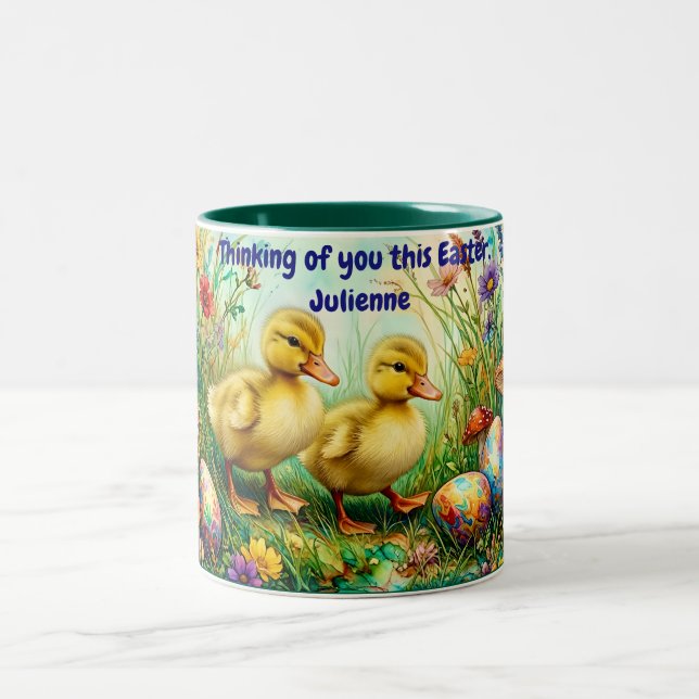 ~ JULIENNE ~EASTER ~Thinking of you Ducklings Eggs Two-Tone Coffee Mug (Center)