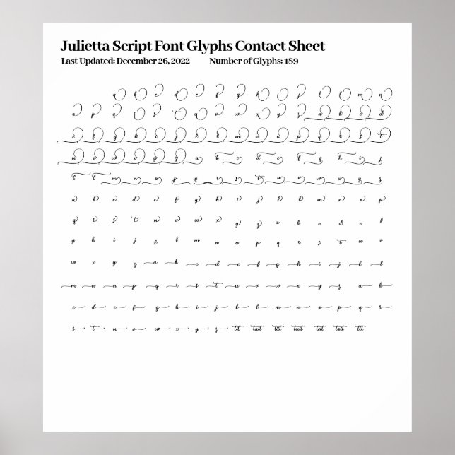 Julietta Script Font Glyphs Contact Sheet Poster (Front)