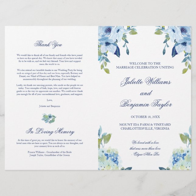 Juliette Blue Floral Mariage programme de cérémoni (Devant)