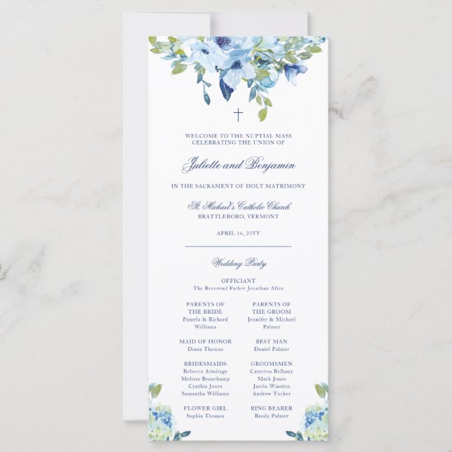 Juliette Blue Floral Programme de mariage catholiq (Devant)