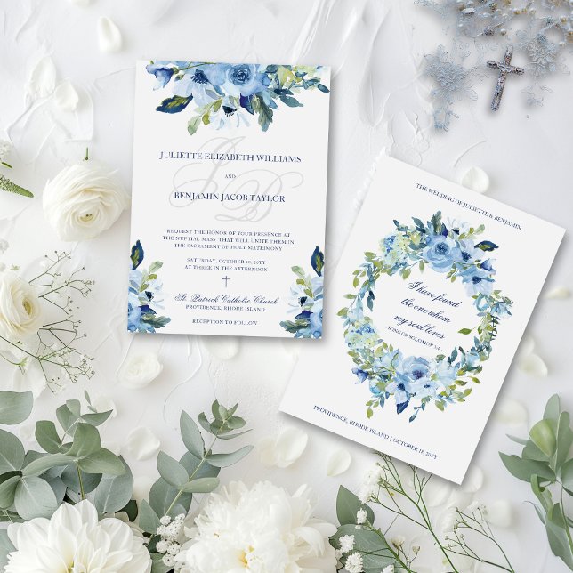 Juliette Dusty Blue Floral Catholic Wedding Invita Invitation (Elegant Catholic wedding invitation with dusty blue watercolor flowers and monograms)