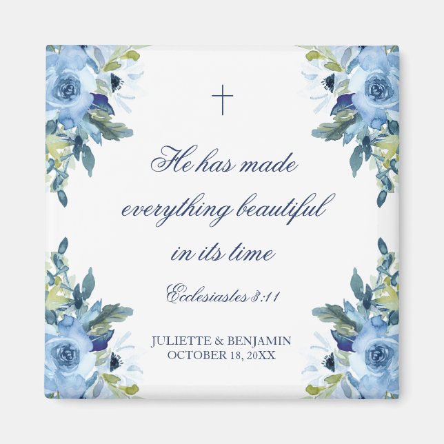 Juliette Dusty Blue Floral Christian Wedding Favor Magnet (Front)