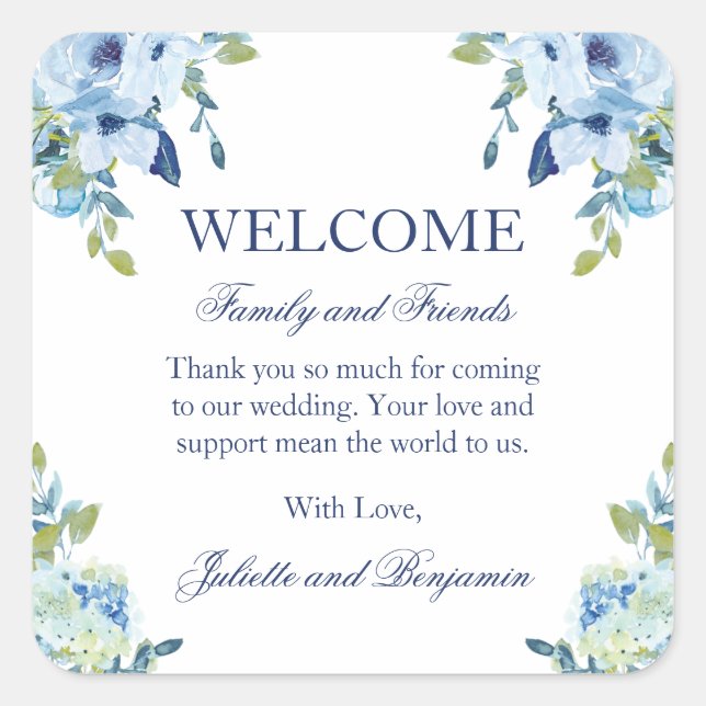 Juliette Dusty Blue Floral Wedding Welcome Bag Square Sticker (Front)