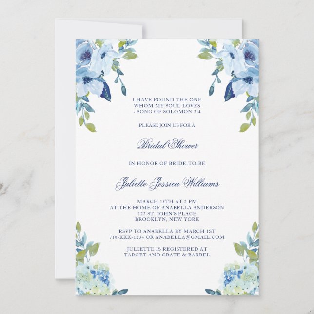 Juliette Elegant Floral Dusty Blue Bridal Shower Invitation (Front)