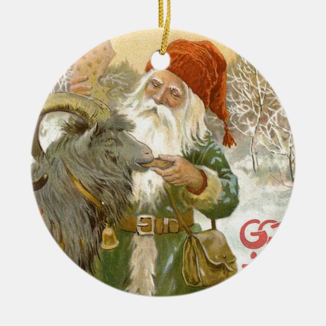 Jultomten Feeds Yule Goat a Cookie Ceramic Ornament (Front)