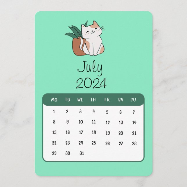 July 2024 Stand Alone Cat And Plant Calendar Menu (Front)