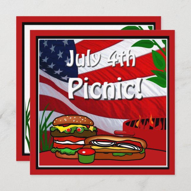 July 4th BBQ Grill Picnic Hamburger Hotdog Invitation (Front/Back)