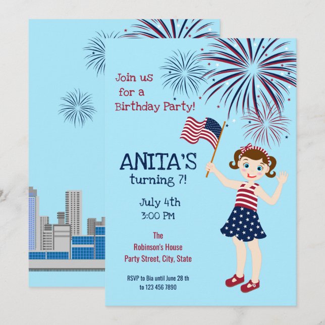July 4th Birthday Girl Party  Invitation (Front/Back)