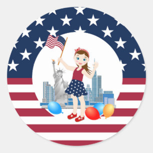 July 4th Birthday Girl with USA flag Classic Round Sticker