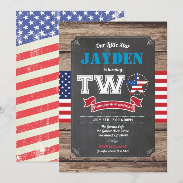 July 4th boy 2nd birthday turning TWO kid Invitation (Front/Back)