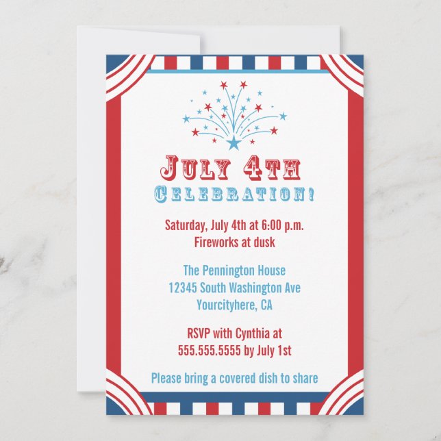 July 4th celebration fireworks party invitation (Front)