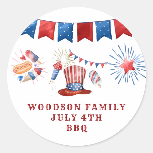 July 4th Family Name BBQ  Classic Round Sticker (Front)