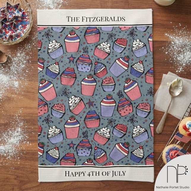 July 4th French Blue Cupcake Kitchen Towel (This July 4th French Blue Cupcake Kitchen Towel features fine-line pen-and-ink sweet treats designed)