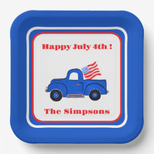 July 4th Handpainted Vintage Blue Truck USA Flag Paper Plate