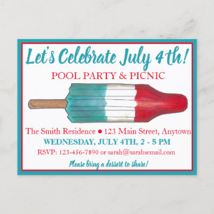 July 4th Party Rocket Pop Popsicle Fireworks Invitation Postcard
