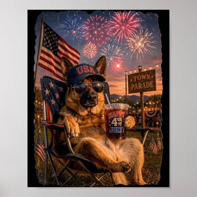 July 4th Patriotic German Shepherd Drinking Iced Poster (Front)