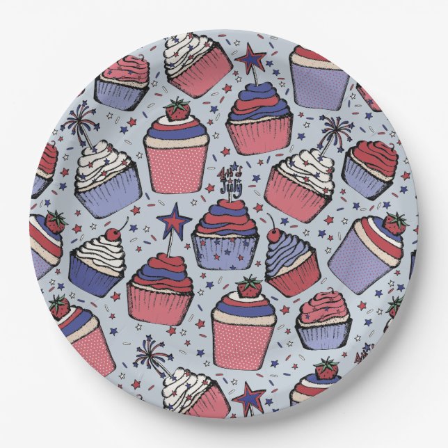 July 4th Red White and Blue Patriotic Cupcakes Paper Plate (Front)