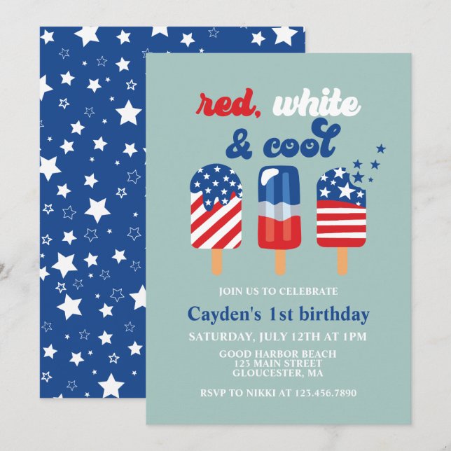 July 4th Red White Blue Birthday Invitation (Front/Back)
