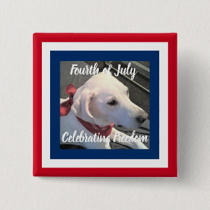July 4th Red White Blue Cute Dog Wearing Scarf 2 Inch Square Button
