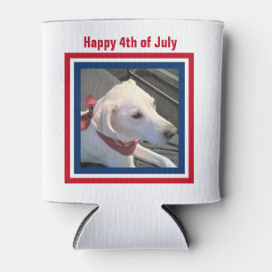 July 4th Red White Blue Cute Dog Wearing Scarf Can Cooler