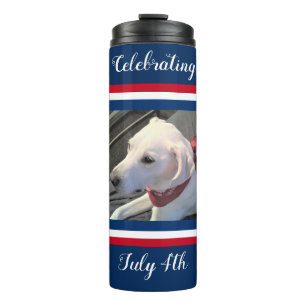 July 4th Red White Blue Cute Dog Wearing Scarf Thermal Tumbler