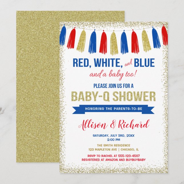 July 4th red white blue gold glitter baby shower invitation (Front/Back)