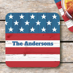 July 4th Rustic Wood American Flag Patriotic Name Square Paper Coaster<br><div class="desc">Get ready to celebrate our country as you relax with your favourite beverage on these striking, graphic, patriotic custom name paper coasters. Navy blue bold typography overlays rustic, vintage, graphic, red and white stripes and white stars on blue, American flag weathered country wood panelled background. Personalize with your name if...</div>