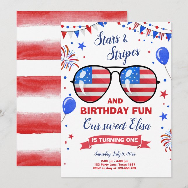 July 4th Stars and Stripes Firecracker Birthday Invitation (Front/Back)