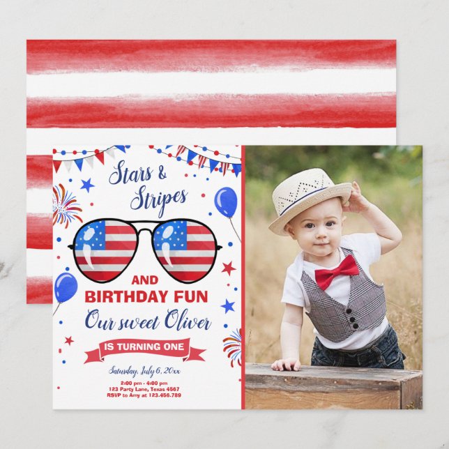 July 4th Stars and Stripes Firecracker Birthday Invitation (Front/Back)