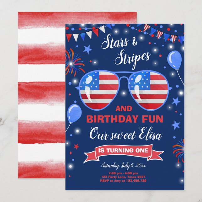 July 4th Stars and Stripes Firecracker Birthday Invitation (Front/Back)