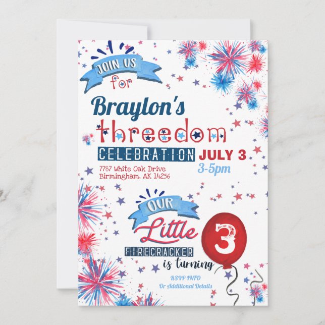 July 4th Threedom Celebration Birthday Invitation (Front)