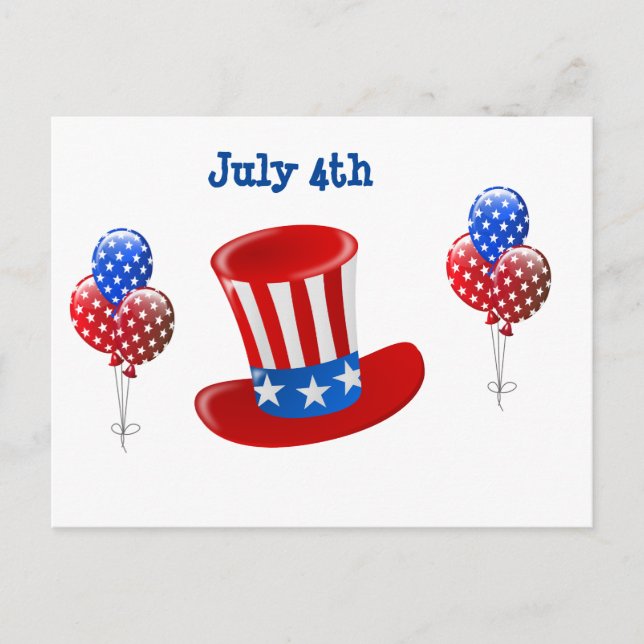 July 4th Uncle Sam Hat and Balloons Postcard (Front)
