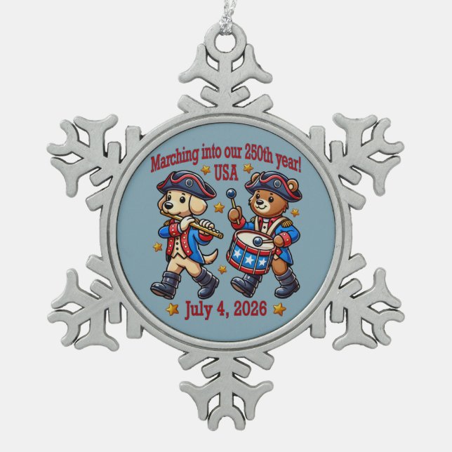 July 4th USA 250th Anniversary Semiquincentennial  Snowflake Pewter Christmas Ornament (Front)