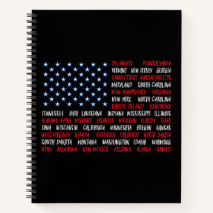 July 4th USA American Flag All 50 State Names Notebook