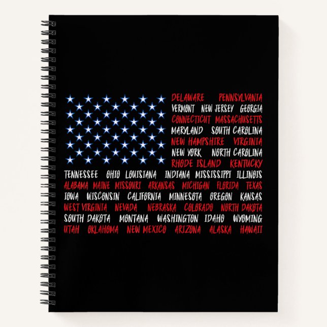 July 4th USA American Flag All 50 State Names Notebook (Front)
