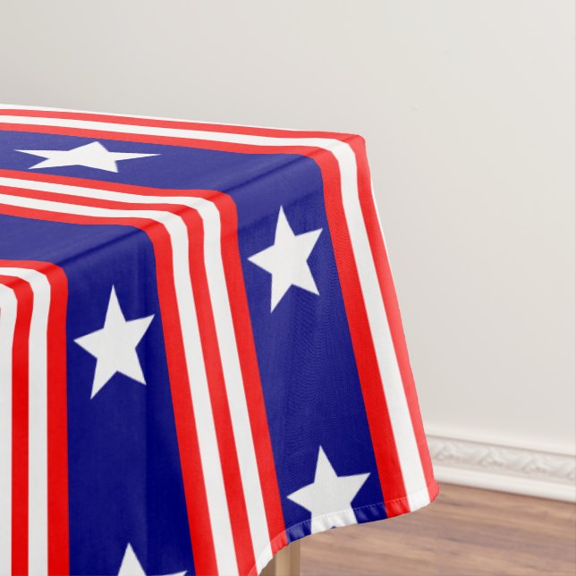 July 4th White Stars and Red and White Stripes Tablecloth (In Situ)