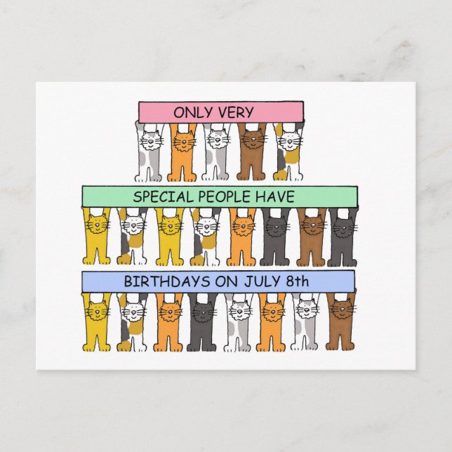 July 8th, Happy Birthday Cartoon Cats Postcard (Front)