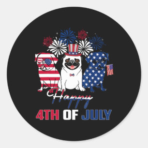 July American Flag Three Red White Pug Blue Firewo Classic Round Sticker