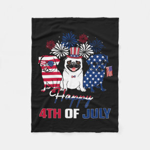 July American Flag Three Red White Pug Blue Firewo Fleece Blanket