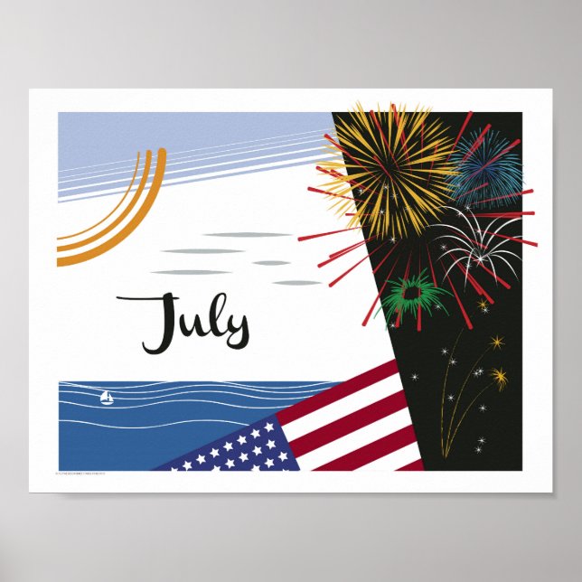 July Art Deco Beach Scene with Flag and Fireworks Poster (Front)