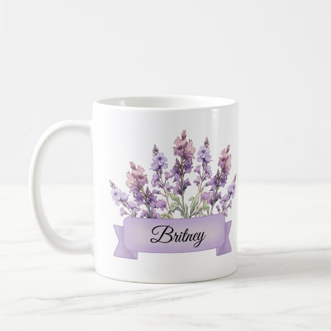 July Birth Flower Personalized Larkspur Coffee Mug (Left)