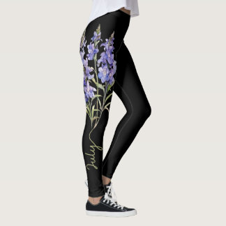 July Birth Flower, Purple Larkspur on Black Leggings