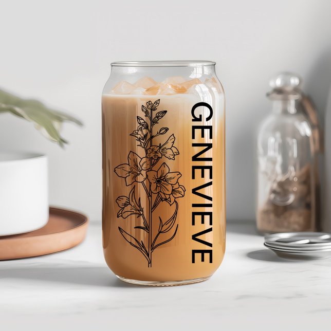 July Birth Flower Water Lily with Custom Name Can Glass (Creator Uploaded)