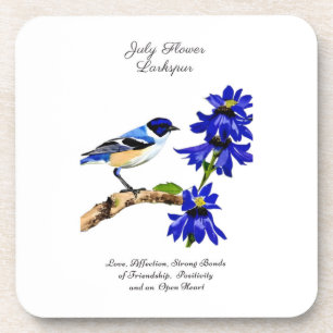 July Birth Month Flower Bluebird and Larkspur Coaster