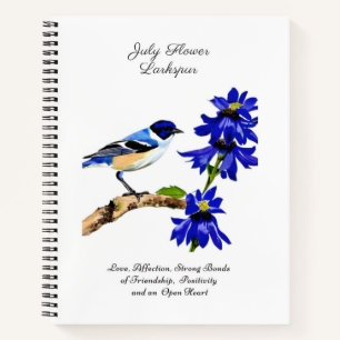 July Birth Month Flower Bluebird and Larkspur Notebook