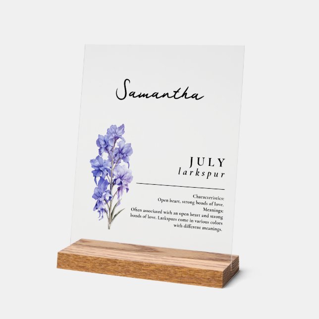 July Birth Month Flower Larkspur Personalized Acrylic Sign (Angle)